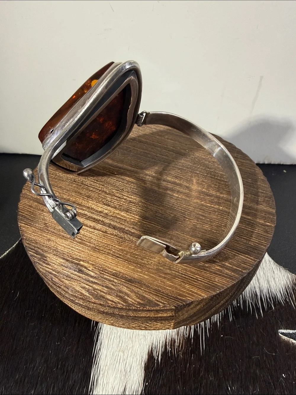 925, Vintage Sterling Silver Amber Statement Hinged Bangle Bracelet